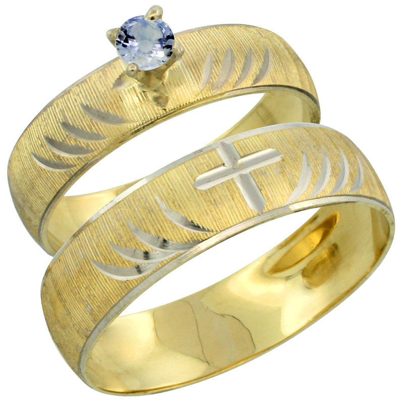 10k Gold 2-Piece 0.25 Carat Light Blue Sapphire Ring Set (Engagement Ring &amp; Man&#039;s Wedding Band) Diamond-cut Pattern Rhodium Accent, (4.5mm; 5.5mm) wide , Ladies&#039; Sizes 5 - 10 &amp; Men&#039;s Size 8 - 14