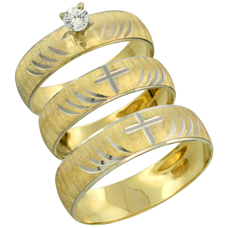 10k Gold 3-Piece Trio Diamond Wedding Ring Set Him &amp; Her 0.10 ct Rhodium Accent Diamond-cut Pattern , Ladies Sizes 5 - 10 &amp; Men&#039;s Sizes 8 - 14