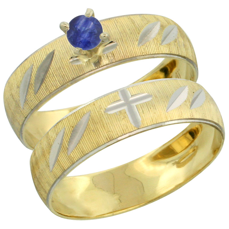 10k Gold Ladies&#039; 2-Piece 0.25 Carat Deep Blue Sapphire Engagement Ring Set Diamond-cut Pattern Rhodium Accent, 3/16 in. (4.5mm) wide, Sizes 5 - 10