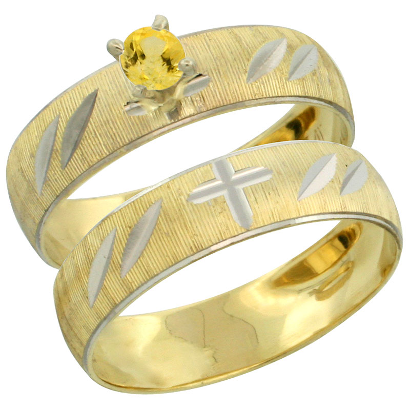 10k Gold Ladies&#039; 2-Piece 0.25 Carat Yellow Sapphire Engagement Ring Set Diamond-cut Pattern Rhodium Accent, 3/16 in. (4.5mm) wide, Sizes 5 - 10