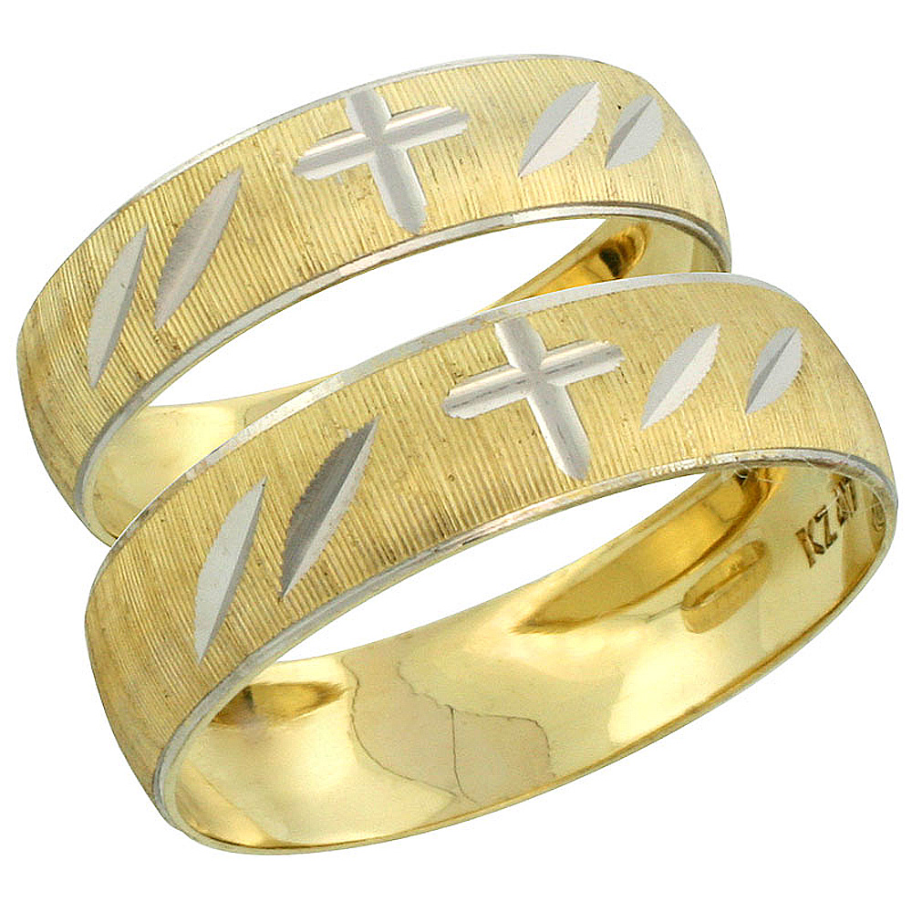10k Gold 2-Piece Wedding Band Ring Set Him &amp; Her 5.5mm &amp; 4.5mm Diamond-cut Pattern Rhodium Accent, Ladies&#039; Sizes 5 - 10 &amp; Men&#039;s 