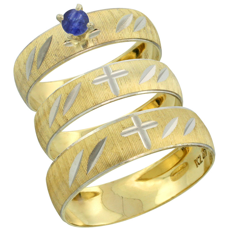 10k Gold 3-Piece Trio Blue Sapphire Wedding Ring Set Him &amp; Her 0.10 ct Rhodium Accent Diamond-cut Pattern, Ladies Sizes 5 - 10 &amp; Men&#039;s Sizes 8 - 14