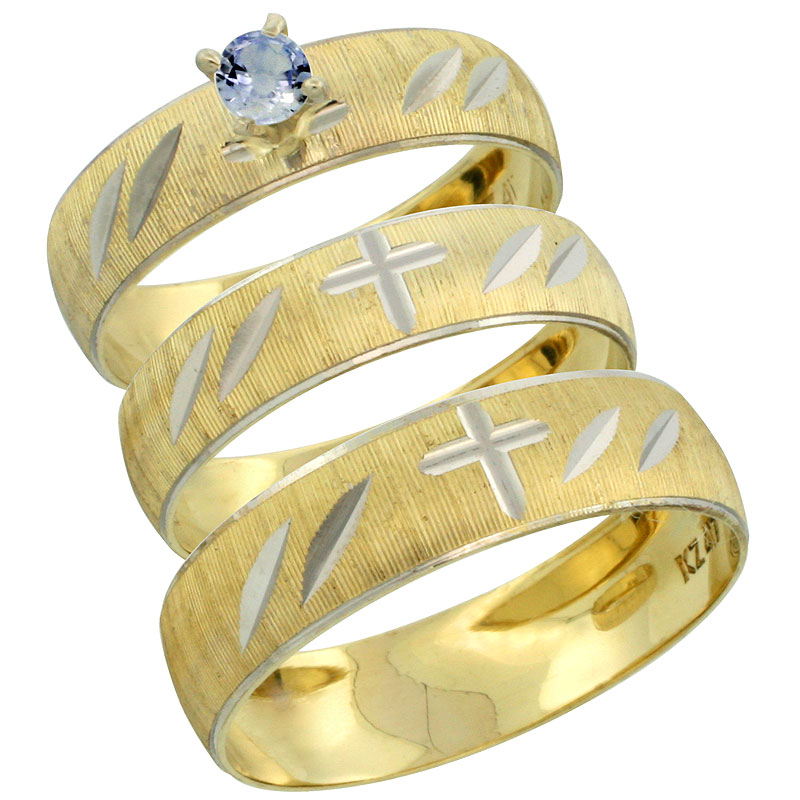 10k Gold 3-Piece Trio Light Blue Sapphire Wedding Ring Set Him &amp; Her 0.10 ct Rhodium Accent Diamond-cut Pattern, Ladies Sizes 5 - 10 &amp; Men&#039;s Sizes 8 - 14