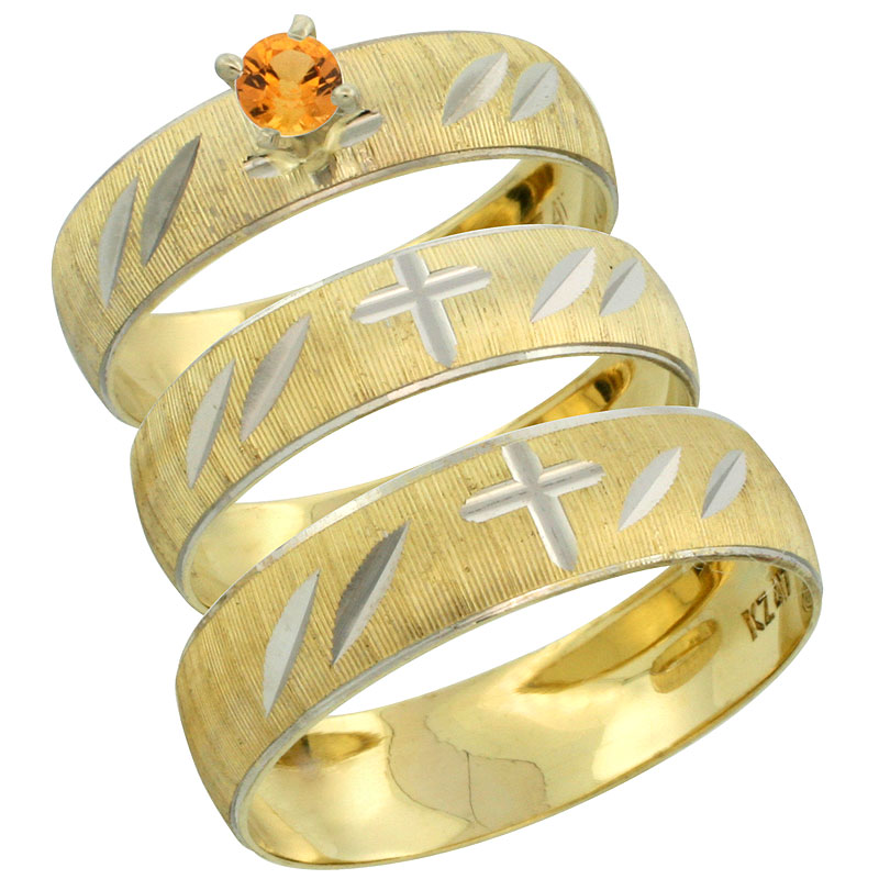 10k Gold 3-Piece Trio Orange Sapphire Wedding Ring Set Him &amp; Her 0.10 ct Rhodium Accent Diamond-cut Pattern, Ladies Sizes 5 - 10 &amp; Men&#039;s Sizes 8 - 14