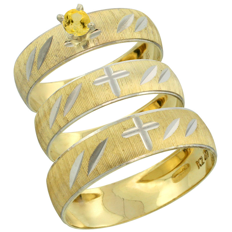 10k Gold 3-Piece Trio Yellow Sapphire Wedding Ring Set Him &amp; Her 0.10 ct Rhodium Accent Diamond-cut Pattern, Ladies Sizes 5 - 10 &amp; Men&#039;s Sizes 8 - 14