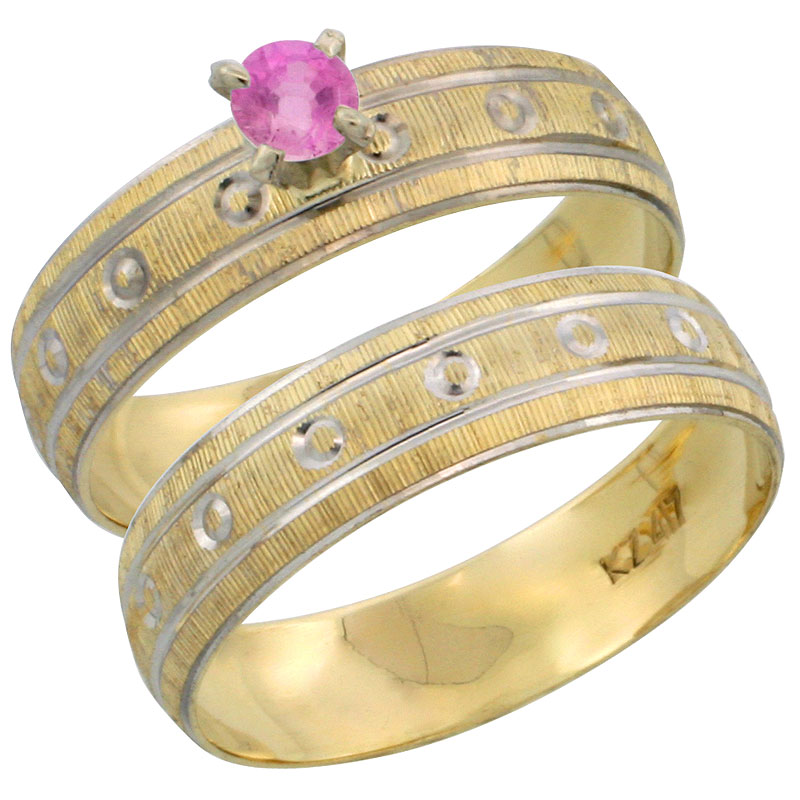 10k Gold Ladies&#039; 2-Piece 0.25 Carat Pink Sapphire Engagement Ring Set Diamond-cut Pattern Rhodium Accent, 3/16 in. (4.5mm) wide, Sizes 5 - 10