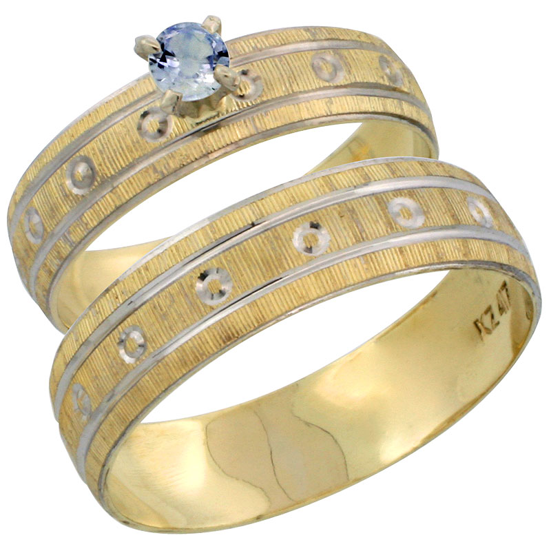 10k Gold 2-Piece 0.25 Carat Light Blue Sapphire Ring Set (Engagement Ring &amp; Man&#039;s Wedding Band) Diamond-cut Pattern Rhodium Accent, (4.5mm; 5.5mm) wide , Ladies&#039; Sizes 5 - 10 &amp; Men&#039;s Size 8 - 14