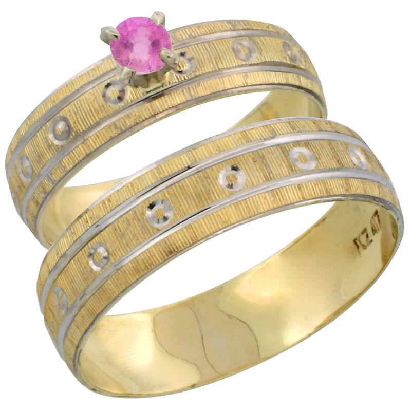 10k Gold 2-Piece 0.25 Carat Pink Sapphire Ring Set (Engagement Ring & Man's Wedding Band) Diamond-cut Pattern Rhodium Accent, (4.5mm; 5.5mm) wide , Ladies' Sizes 5 - 10 & Men's Size 8 - 14