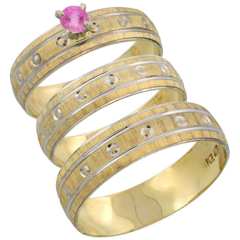 10k Gold 3-Piece Trio Pink Sapphire Wedding Ring Set Him &amp; Her 0.10 ct Rhodium Accent Diamond-cut Pattern, Ladies Sizes 5 - 10 &amp; Men&#039;s Sizes 8 - 14