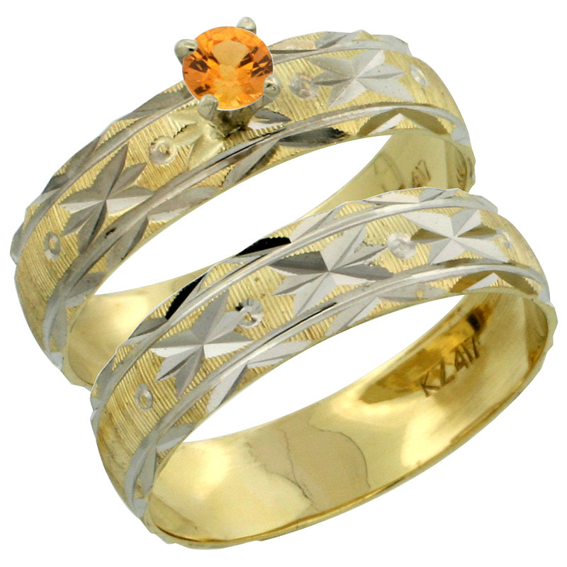 10k Gold Ladies&#039; 2-Piece 0.25 Carat Orange Sapphire Engagement Ring Set Diamond-cut Pattern Rhodium Accent, 3/16 in. (4.5mm) wide, Sizes 5 - 10