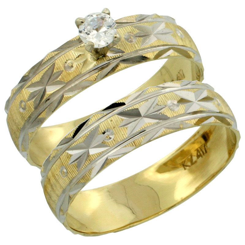 10k Gold Ladies&#039; 2-Piece 0.25 Carat White Sapphire Engagement Ring Set Diamond-cut Pattern Rhodium Accent, 3/16 in. (4.5mm) wide, Sizes 5 - 10