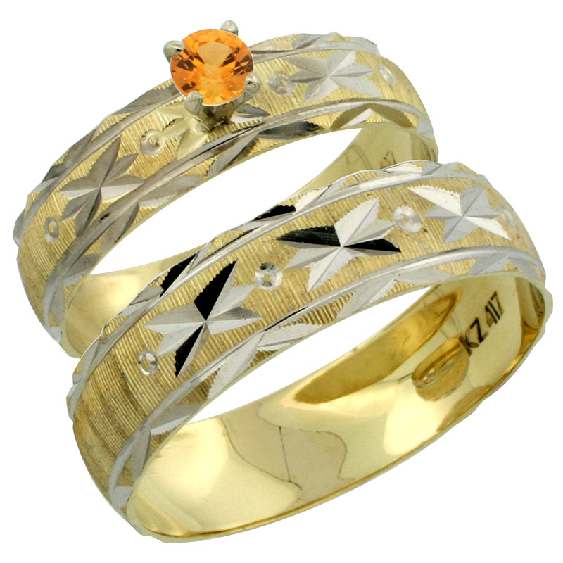 10k Gold 2-Piece 0.25 Carat Orange Sapphire Ring Set (Engagement Ring &amp; Man&#039;s Wedding Band) Diamond-cut Pattern Rhodium Accent, (4.5mm; 5.5mm) wide , Ladies&#039; Sizes 5 - 10 &amp; Men&#039;s Size 8 - 14