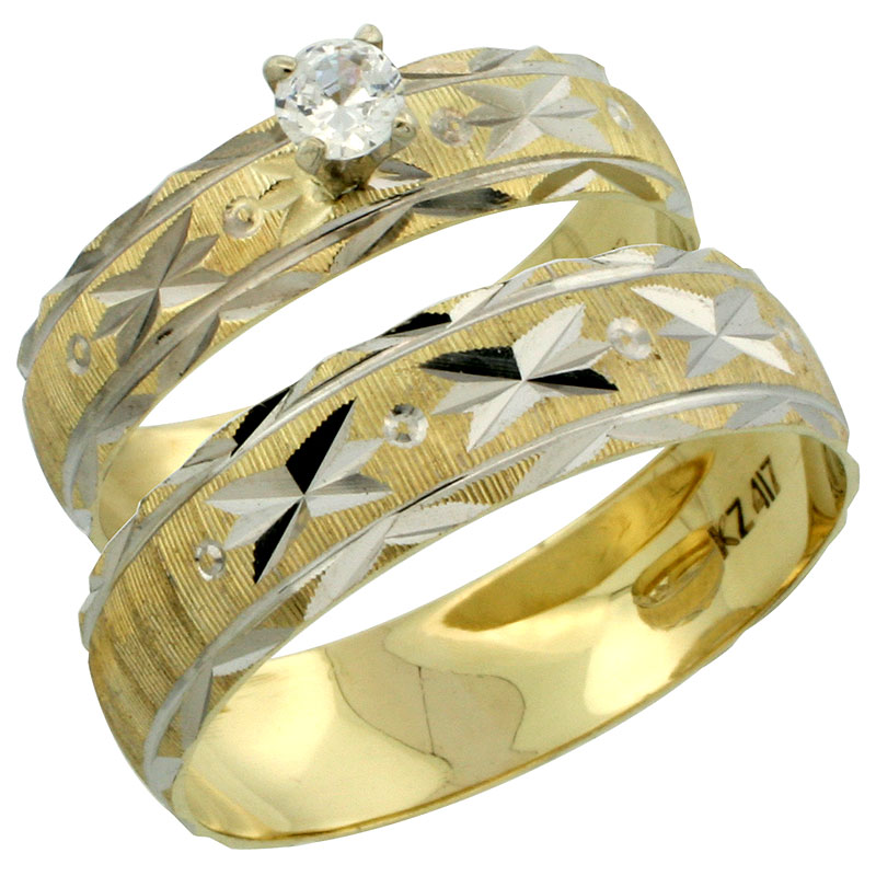 10k Gold 2-Piece 0.25 Carat White Sapphire Ring Set (Engagement Ring &amp; Man&#039;s Wedding Band) Diamond-cut Pattern Rhodium Accent, (4.5mm; 5.5mm) wide , Ladies&#039; Sizes 5 - 10 &amp; Men&#039;s Size 8 - 14
