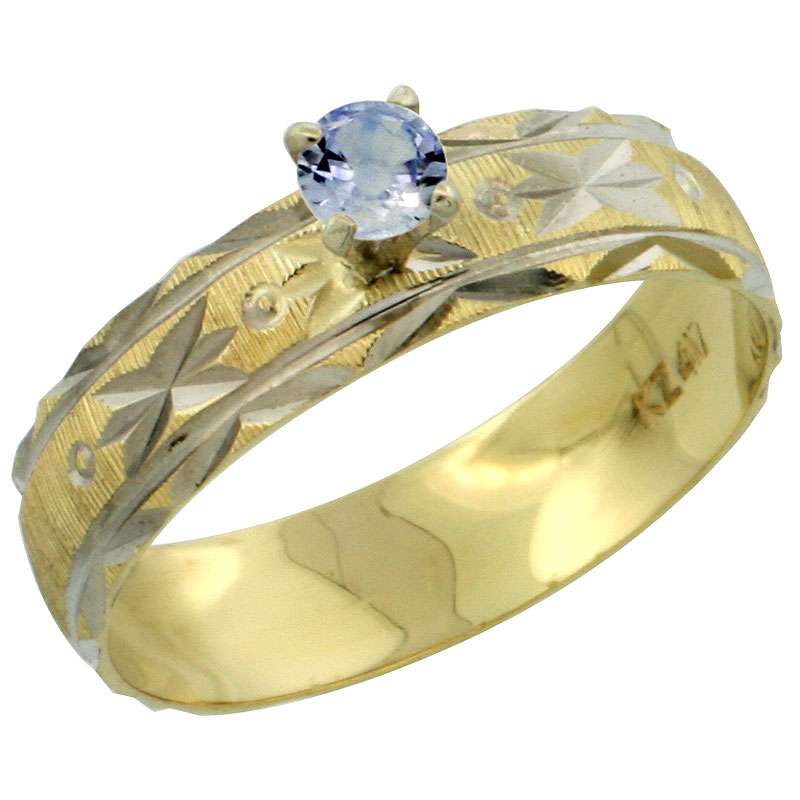 10k Gold Ladies&#039; Solitaire 0.25 Carat Light Blue Sapphire Engagement Ring Diamond-cut Pattern Rhodium Accent, 3/16 in. (4.5mm) wide, Sizes 5 - 10