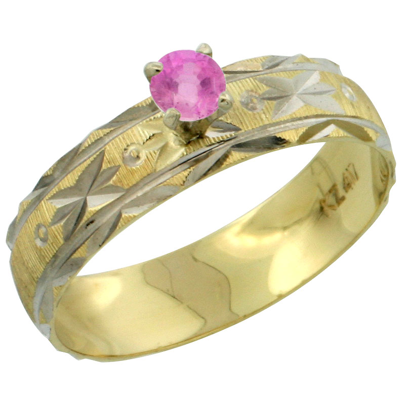 10k Gold Ladies' Solitaire 0.25 Carat Pink Sapphire Engagement Ring Diamond-cut Pattern Rhodium Accent, 3/16 in. (4.5mm) wide, Sizes 5 - 10