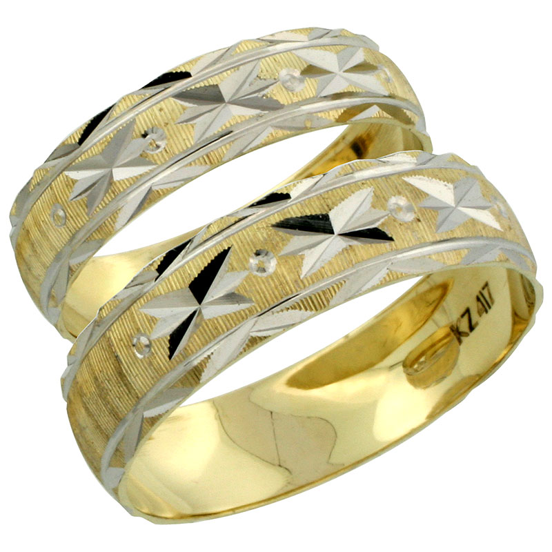 10k Gold 2-Piece Wedding Band Ring Set Him &amp; Her 5.5mm &amp; 4.5mm Diamond-cut Pattern Rhodium Accent, Ladies&#039; Sizes 5 - 10 &amp; Men&#039;s Sizes 8 - 14