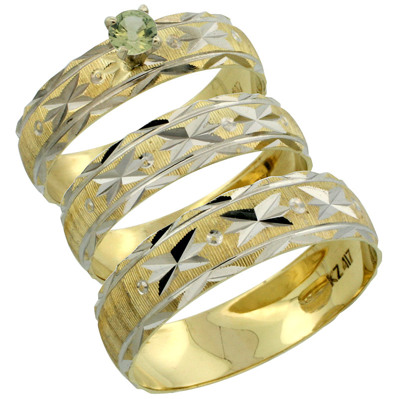 10k Gold 3-Piece Trio Green Sapphire Wedding Ring Set Him &amp; Her 0.10 ct Rhodium Accent Diamond-cut Pattern, Ladies Sizes 5 - 10 &amp; Men&#039;s Sizes 8 - 14