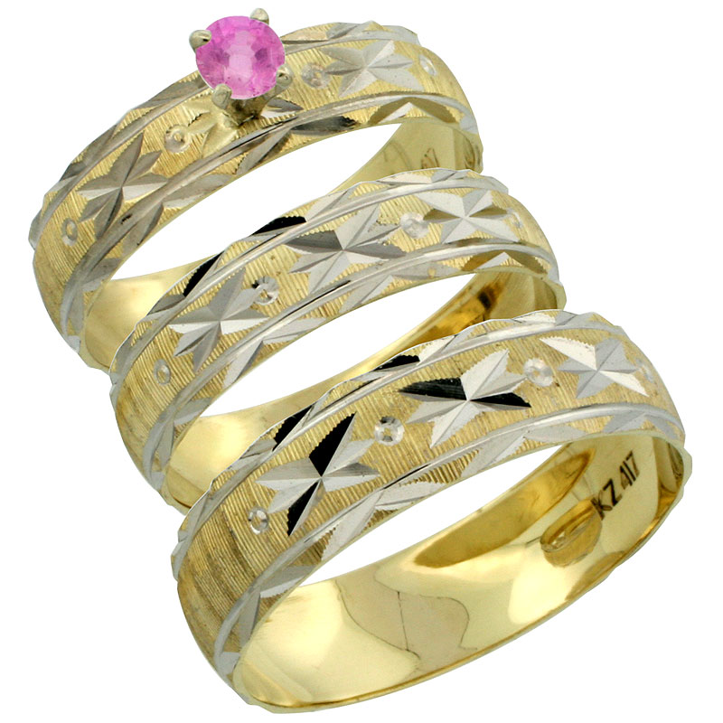 10k Gold 3-Piece Trio Pink Sapphire Wedding Ring Set Him & Her 0.10 ct Rhodium Accent Diamond-cut Pattern, Ladies Sizes 5 - 10 & Men's Sizes 8 - 14