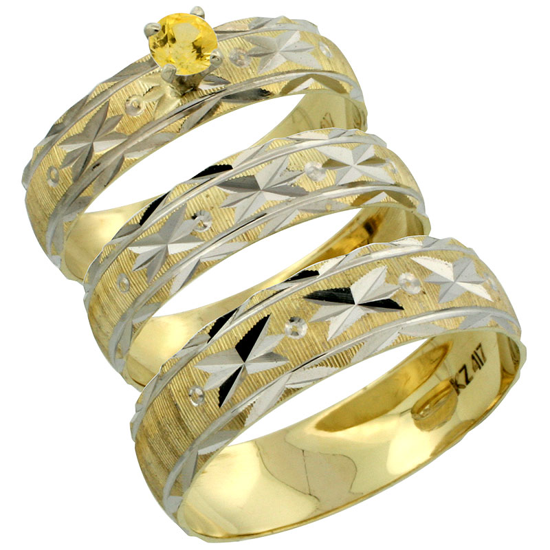 10k Gold 3-Piece Trio Yellow Sapphire Wedding Ring Set Him &amp; Her 0.10 ct Rhodium Accent Diamond-cut Pattern, Ladies Sizes 5 - 10 &amp; Men&#039;s Sizes 8 - 14
