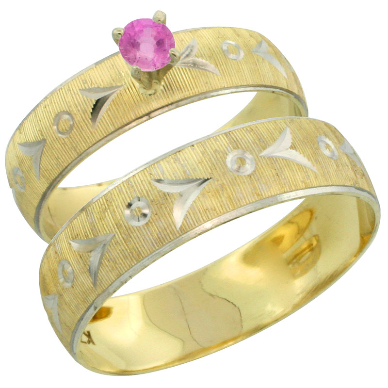 10k Gold 2-Piece 0.25 Carat Pink Sapphire Ring Set (Engagement Ring &amp; Man&#039;s Wedding Band) Diamond-cut Pattern Rhodium Accent, (4.5mm; 5.5mm) wide , Ladies&#039; Sizes 5 - 10 &amp; Men&#039;s Size 8 - 14