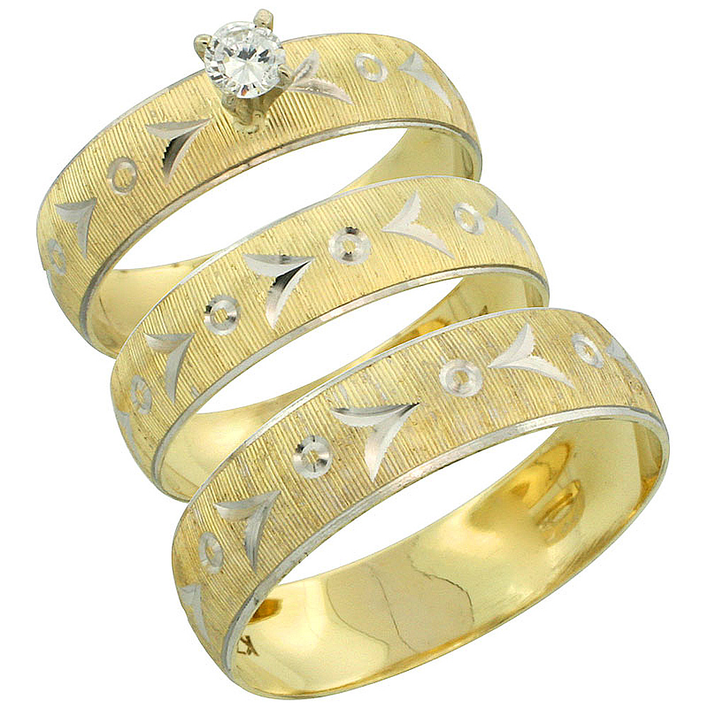 10k Gold 3-Piece Trio Diamond Wedding Ring Set Him & Her 0.10 ct Rhodium Accent Diamond-cut Pattern , Ladies Sizes 5 - 10 & Men'
