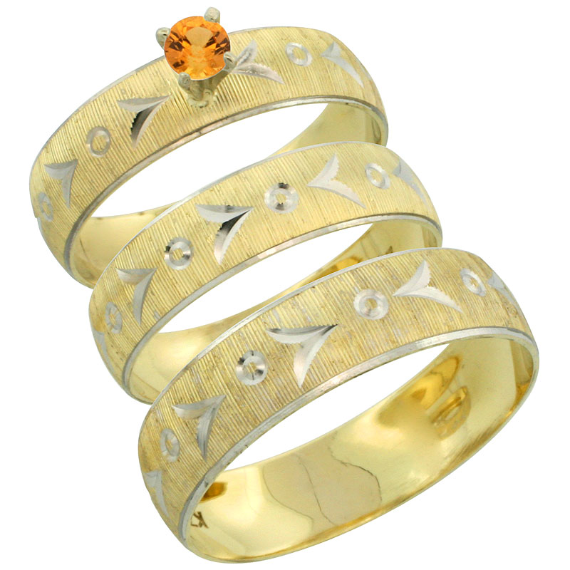 10k Gold 3-Piece Trio Orange Sapphire Wedding Ring Set Him &amp; Her 0.10 ct Rhodium Accent Diamond-cut Pattern, Ladies Sizes 5 - 10 &amp; Men&#039;s Sizes 8 - 14