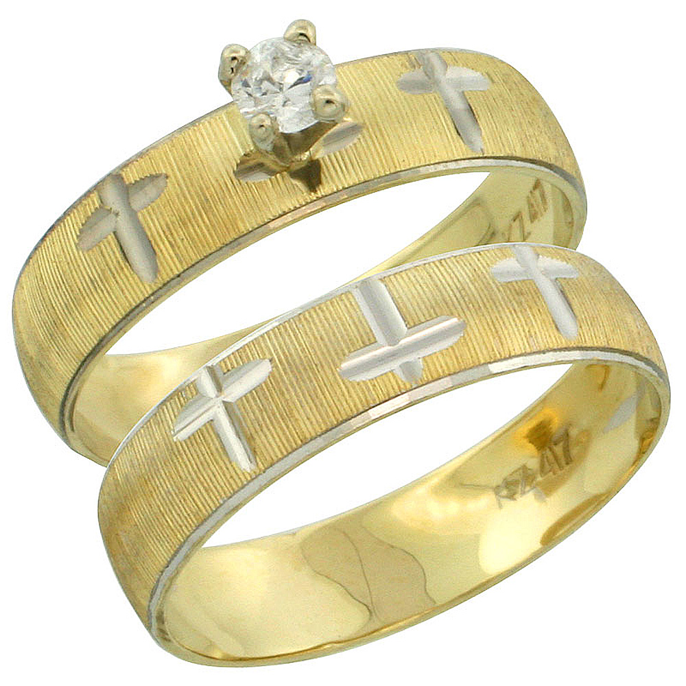 10k Gold Ladies&#039; 2-Piece 0.10 Carat Diamond Engagement Ring Set Diamond-cut Pattern Rhodium Accent, 3/16 in. (4.5mm) wide, Sizes