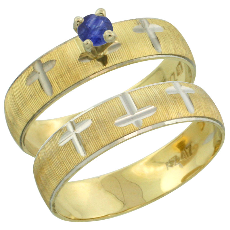 10k Gold Ladies' 2-Piece 0.25 Carat Deep Blue Sapphire Engagement Ring Set Diamond-cut Pattern Rhodium Accent, 3/16 in. (4.5mm) 