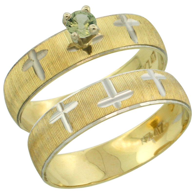 10k Gold Ladies' 2-Piece 0.25 Carat Green Sapphire Engagement Ring Set Diamond-cut Pattern Rhodium Accent, 3/16 in. (4.5mm) wide