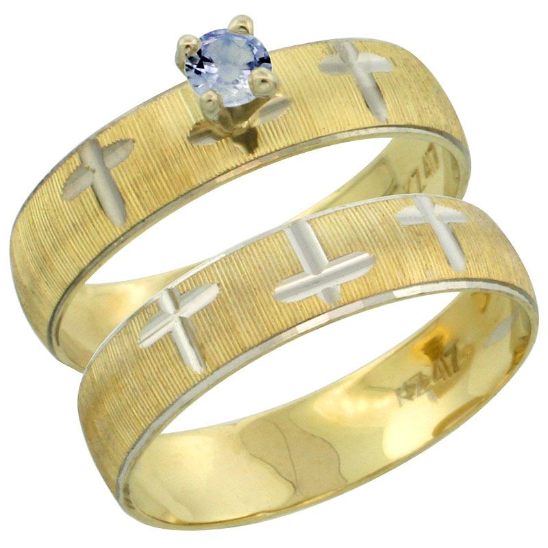10k Gold Ladies' 2-Piece 0.25 Carat Light Blue Sapphire Engagement Ring Set Diamond-cut Pattern Rhodium Accent, 3/16 in. (4.5mm)