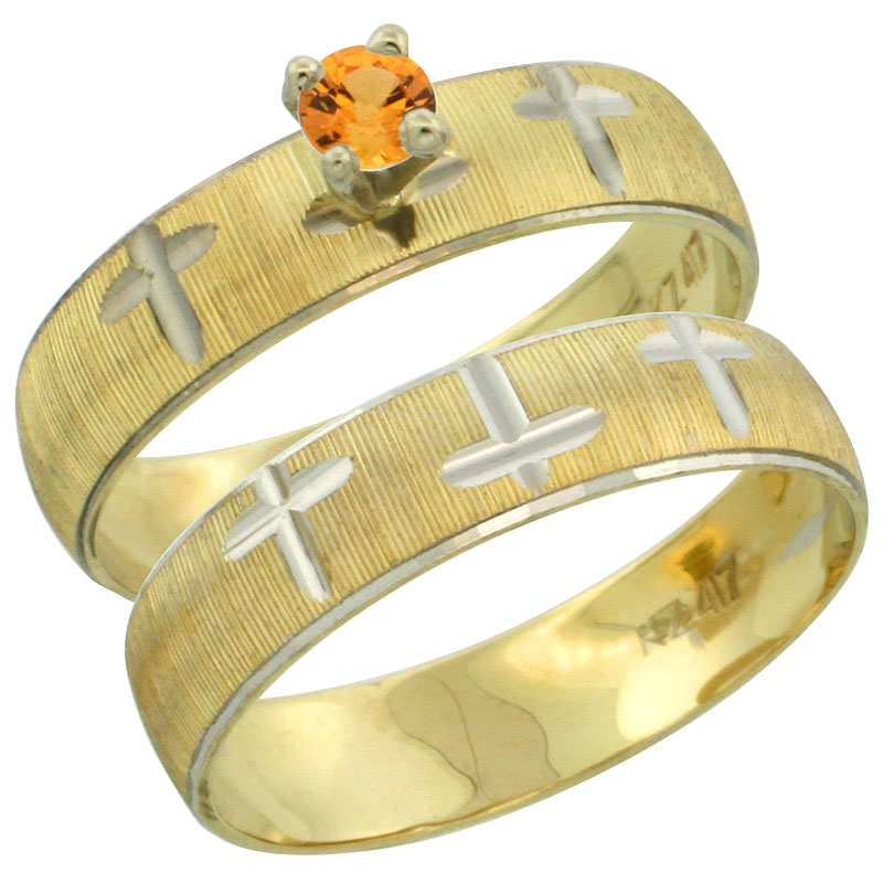 10k Gold Ladies' 2-Piece 0.25 Carat Orange Sapphire Engagement Ring Set Diamond-cut Pattern Rhodium Accent, 3/16 in. (4.5mm) wid