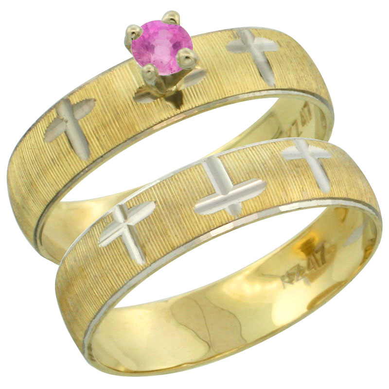 10k Gold Ladies' 2-Piece 0.25 Carat Pink Sapphire Engagement Ring Set Diamond-cut Pattern Rhodium Accent, 3/16 in. (4.5mm) wide,