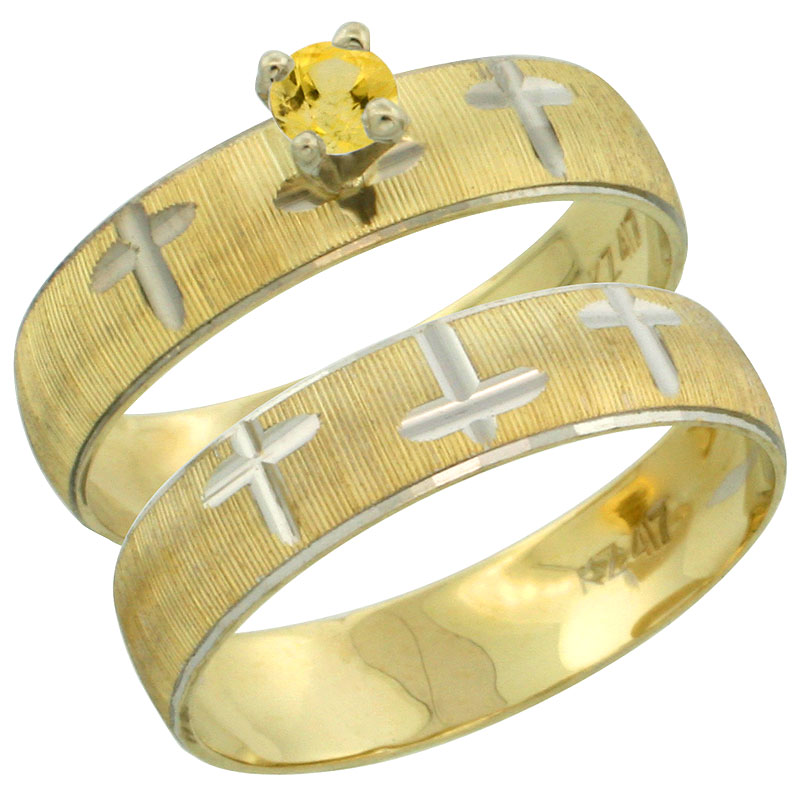 10k Gold Ladies&#039; 2-Piece 0.25 Carat Yellow Sapphire Engagement Ring Set Diamond-cut Pattern Rhodium Accent, 3/16 in. (4.5mm) wid