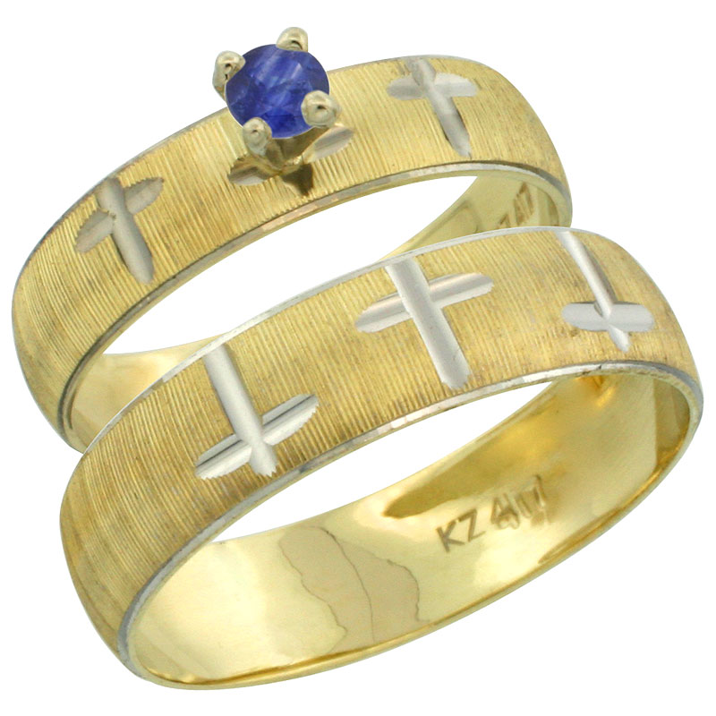 10k Gold 2-Piece 0.25 Carat Deep Blue Sapphire Ring Set (Engagement Ring & Man's Wedding Band) Diamond-cut Pattern Rhodium Accen