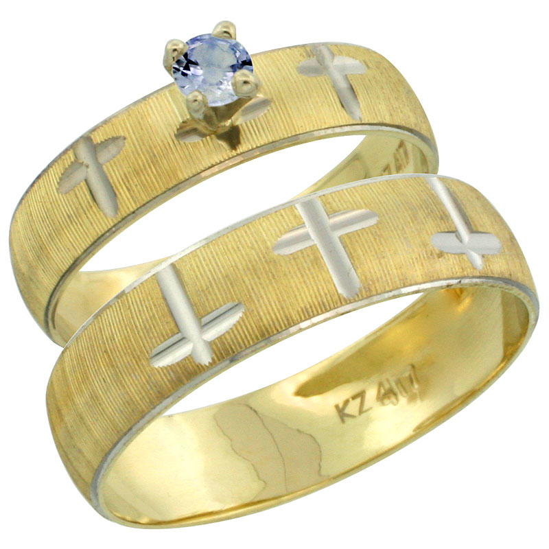 10k Gold 2-Piece 0.25 Carat Light Blue Sapphire Ring Set (Engagement Ring &amp; Man&#039;s Wedding Band) Diamond-cut Pattern Rhodium Acce