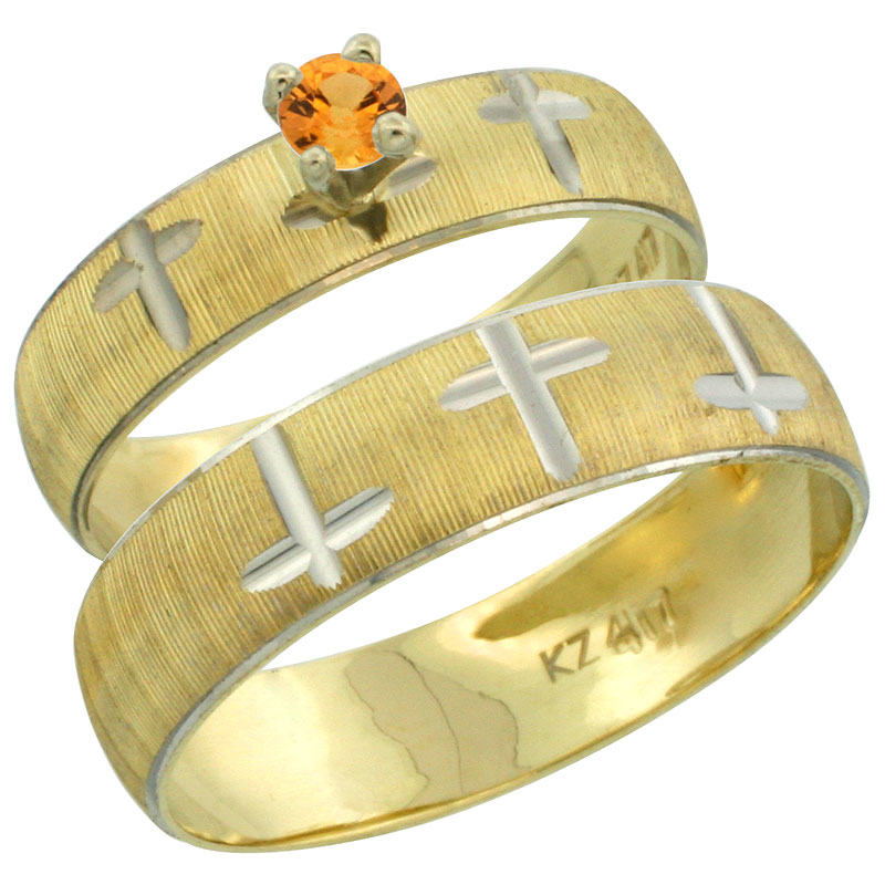 10k Gold 2-Piece 0.25 Carat Orange Sapphire Ring Set (Engagement Ring & Man's Wedding Band) Diamond-cut Pattern Rhodium Accent, 