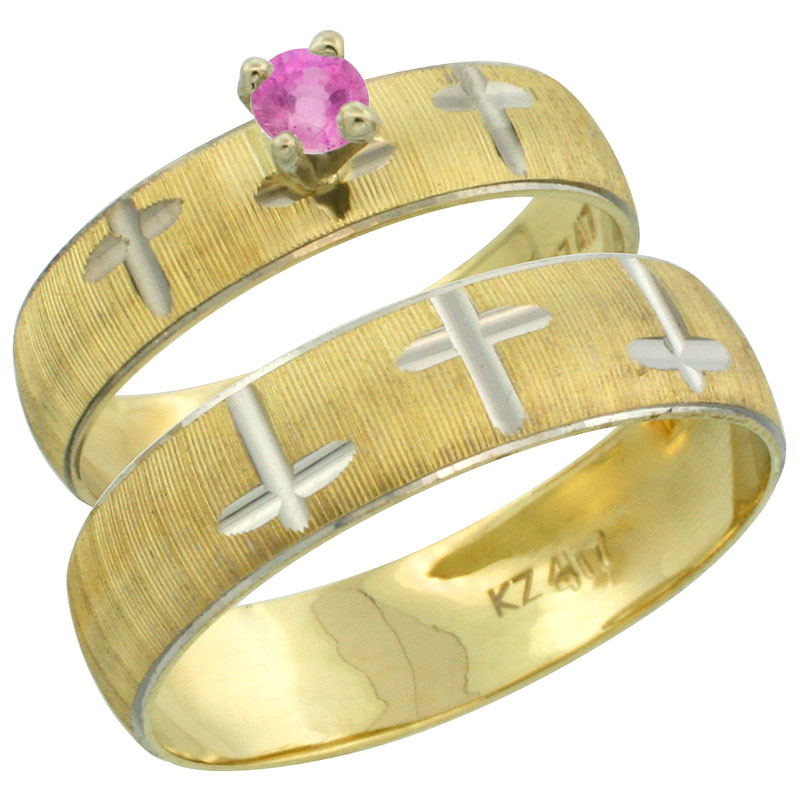 10k Gold 2-Piece 0.25 Carat Pink Sapphire Ring Set (Engagement Ring &amp; Man&#039;s Wedding Band) Diamond-cut Pattern Rhodium Accent, (4