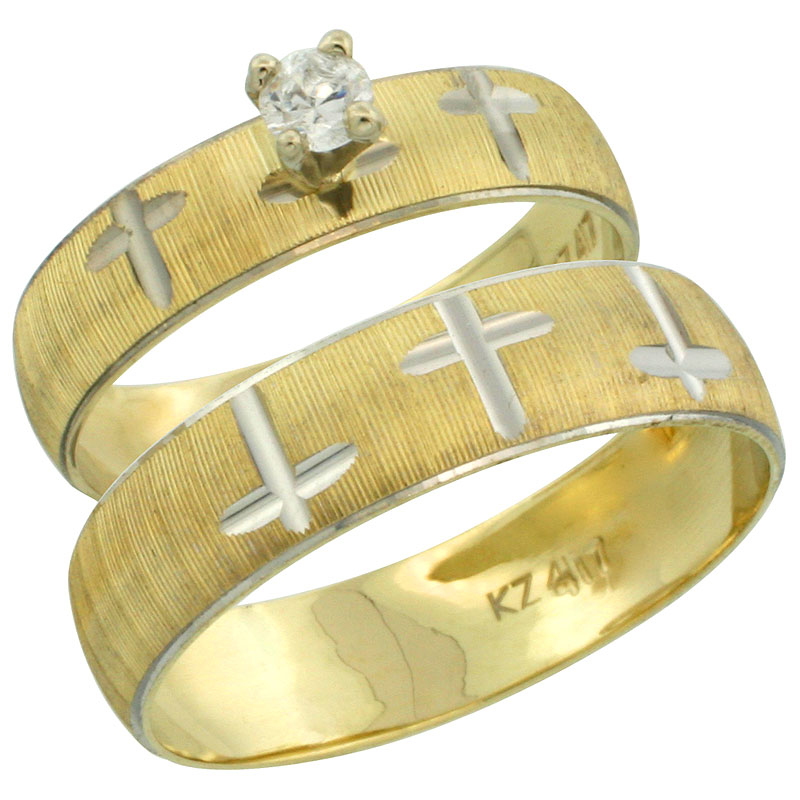 10k Gold 2-Piece 0.25 Carat White Sapphire Ring Set (Engagement Ring & Man's Wedding Band) Diamond-cut Pattern Rhodium Accent, (