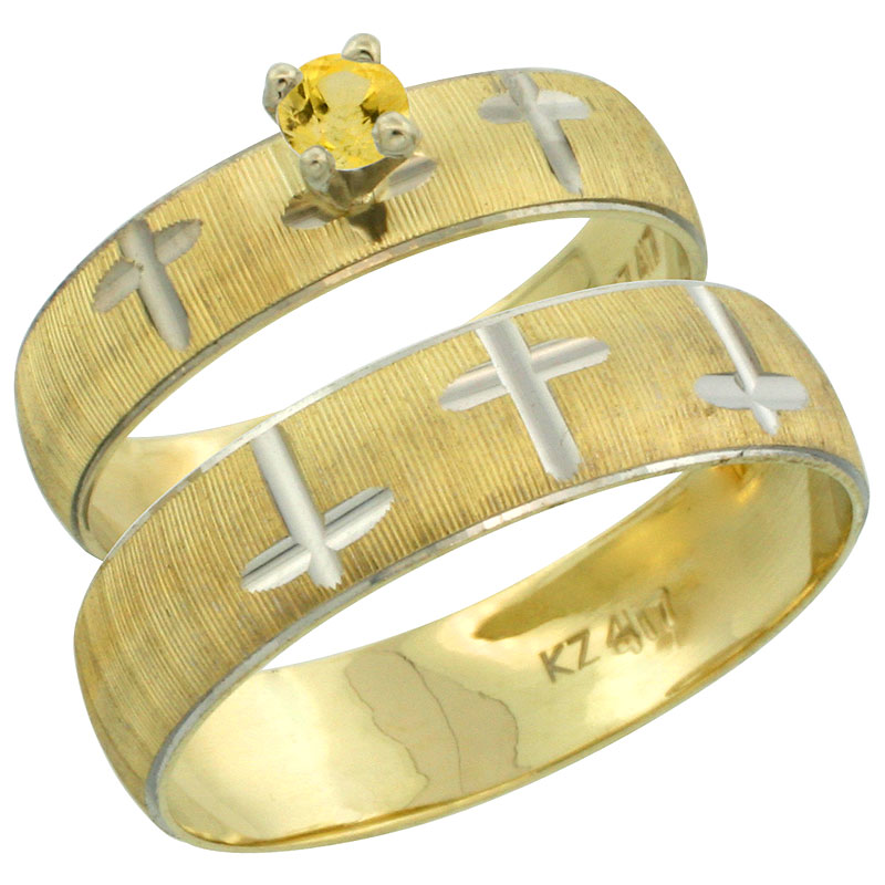 10k Gold 2-Piece 0.25 Carat Yellow Sapphire Ring Set (Engagement Ring &amp; Man&#039;s Wedding Band) Diamond-cut Pattern Rhodium Accent, (4.5mm; 5.5mm) wide , Ladies&#039; Sizes 5 - 10 &amp; Men&#039;s Size 8 - 14