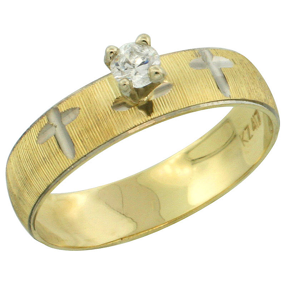 10k Gold Solitaire Diamond Engagement Ring 0.10 ct Diamond-cut Pattern Rhodium Accent, 3/16 in. (4.5mm) wide, Sizes 5 - 10