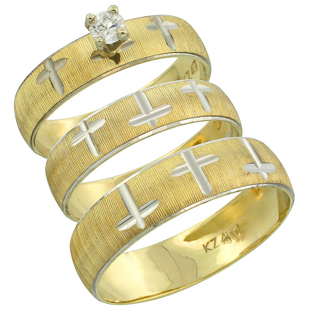 10k Gold 3-Piece Trio Diamond Wedding Ring Set Him &amp; Her 0.10 ct Rhodium Accent Diamond-cut Pattern , Ladies Sizes 5 - 10 &amp; Men&#039;