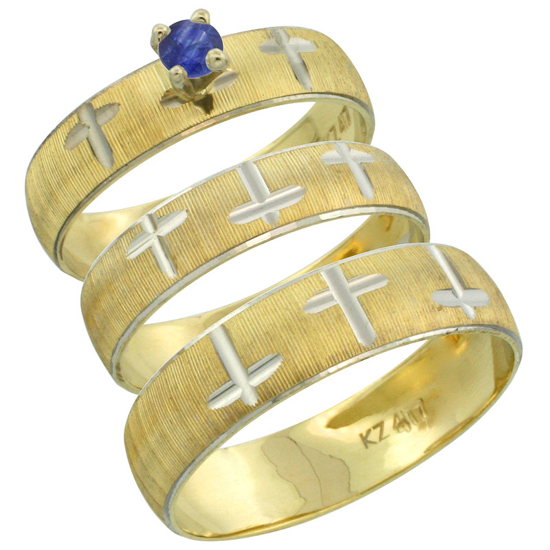 10k Gold 3-Piece Trio Blue Sapphire Wedding Ring Set Him &amp; Her 0.10 ct Rhodium Accent Diamond-cut Pattern, Ladies Sizes 5 - 10 &amp;