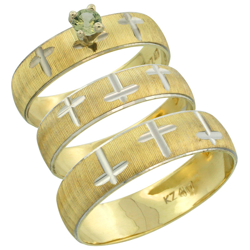 10k Gold 3-Piece Trio Green Sapphire Wedding Ring Set Him &amp; Her 0.10 ct Rhodium Accent Diamond-cut Pattern, Ladies Sizes 5 - 10 