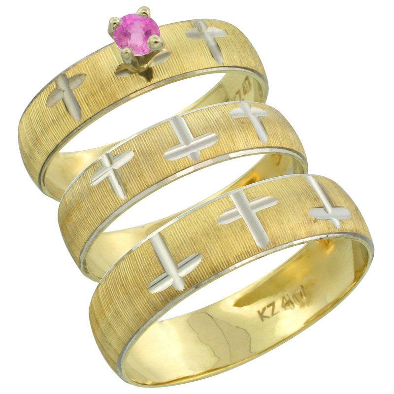 10k Gold 3-Piece Trio Pink Sapphire Wedding Ring Set Him &amp; Her 0.10 ct Rhodium Accent Diamond-cut Pattern, Ladies Sizes 5 - 10 &amp;