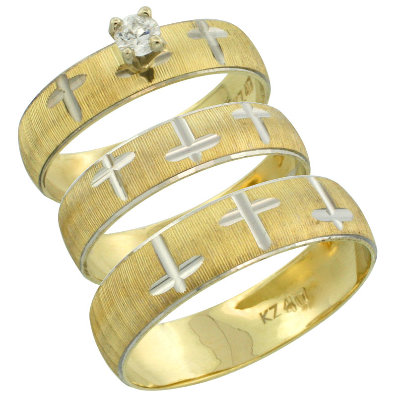 10k Gold 3-Piece Trio White Sapphire Wedding Ring Set Him &amp; Her 0.10 ct Rhodium Accent Diamond-cut Pattern , Ladies Sizes 5 - 10