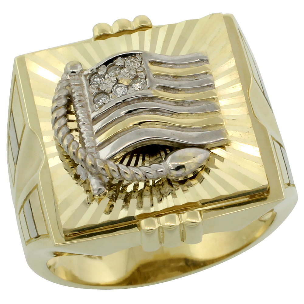 GENUINE 10K GOLD DIAMOND AMERICAN FLAG RING FOR MEN SRTIPE SIDES SQUARE SHAPE RHODIUM ACCENT 0.095 CTW 3/4 INCH SIZE 8-13
