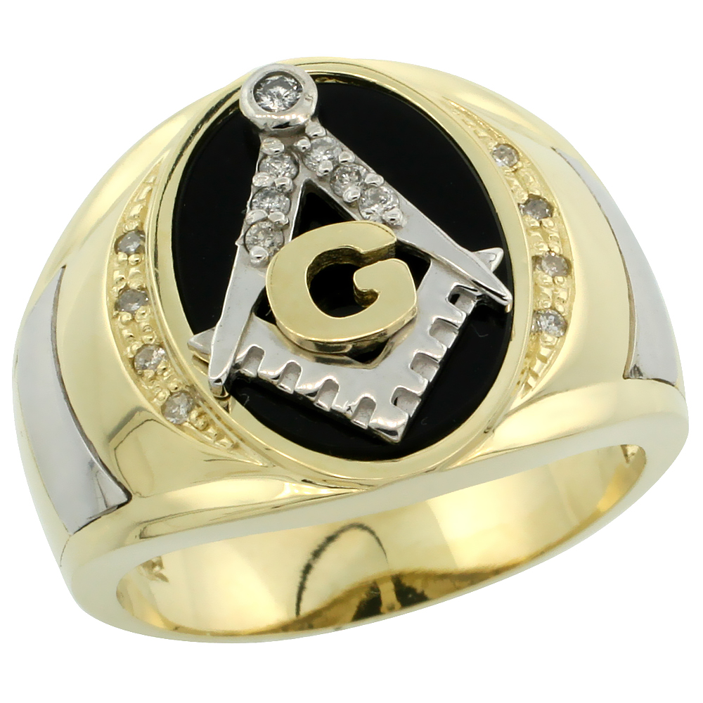 10k Gold Men's Rhodium Accented Masonic Oval Diamond Ring w/ Black Onyx Stone & 0.152 Carat Brilliant Cut Diamonds, 5/8 in. (16m