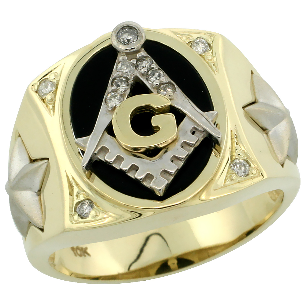 Genuine 10k Gold Diamond Black Onyx Square &amp; Compass Masonic Ring for Men Star Sides Oval Shape Rhodium Accent 0.119 ctw 5/8 inch sizes 8-13