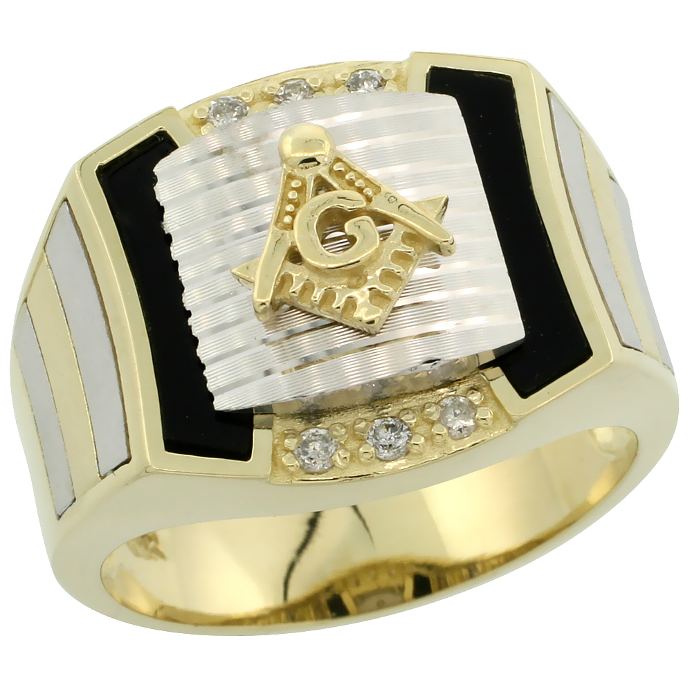 Genuine 10k Gold Diamond Black Onyx Square & Compass Masonic Ring for Men Srtipe Sides Square Shape Rhodium Accent 0.111 ctw 5/8 inch sizes 8-13