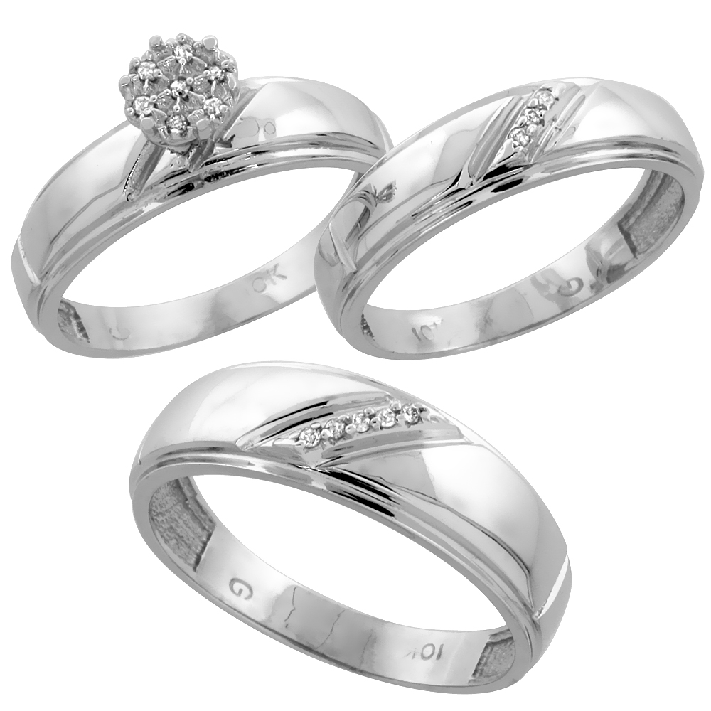 10k White Gold Diamond Trio Wedding Ring Set 3-piece His & Hers 7 & 5.5 mm 0.09 cttw, sizes 5  14
